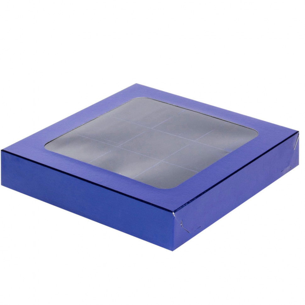 Коробка для 9 конфет с окном, синяя