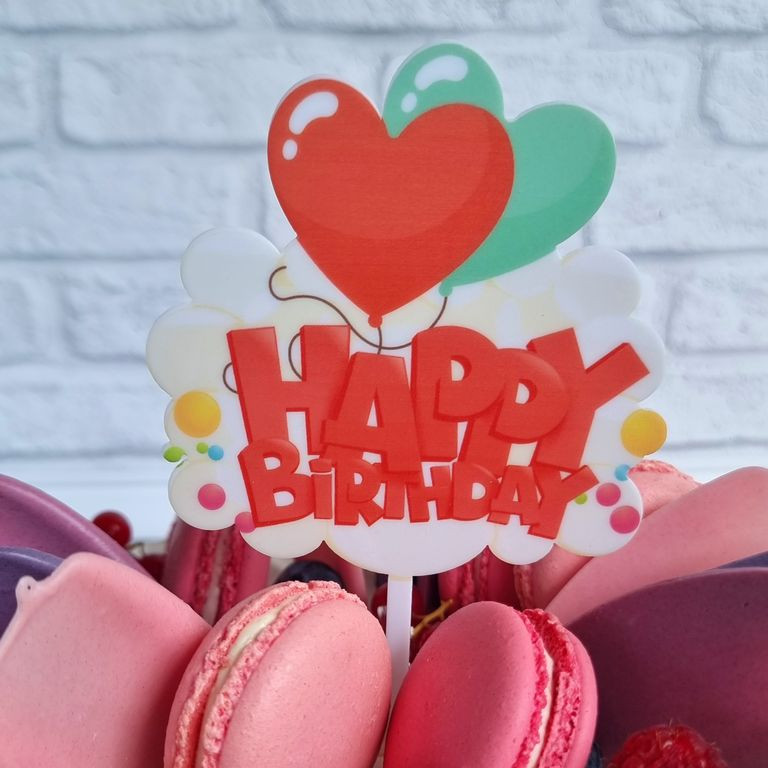 Топпер "Happy Birthday", красная надпись/шарики-сердечки