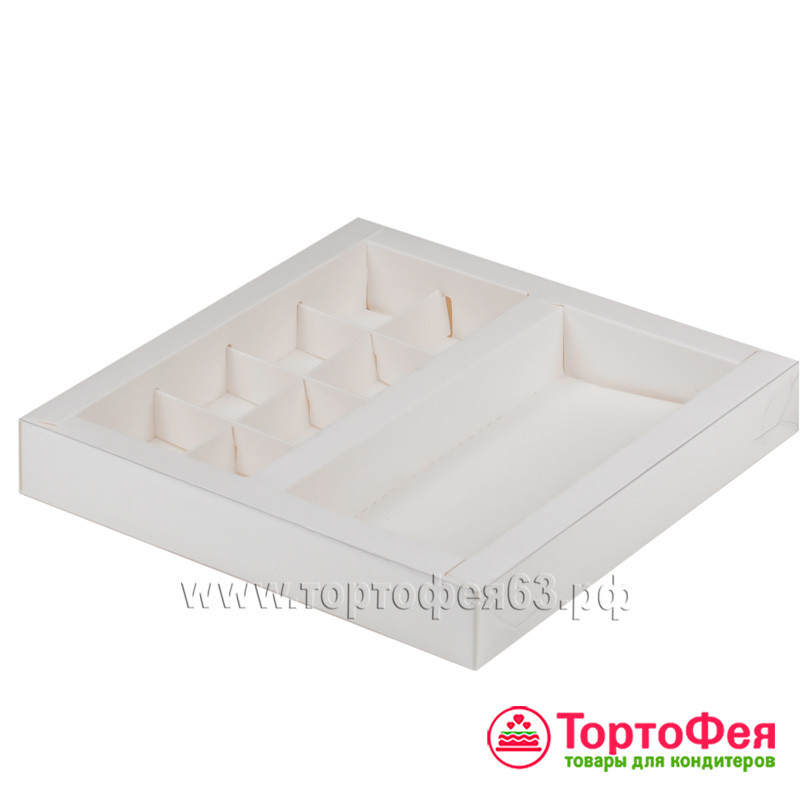Коробка для 8 конфет + плитка, белая / С прозрачной крышкой