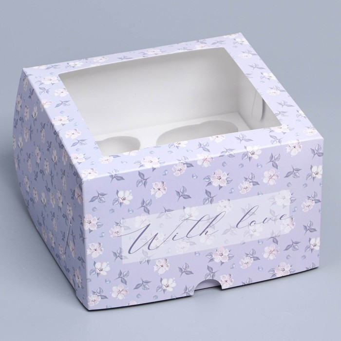 Коробка для 4 капкейков с окном "Цветочки, лиловый фон"