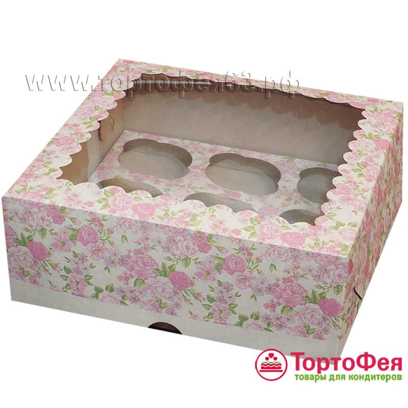 Коробка для 9 капкейков с окном, цветы