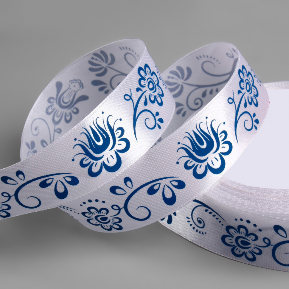 Лента атласная с рисунком "Гжель" 2,5 см / 3 м   