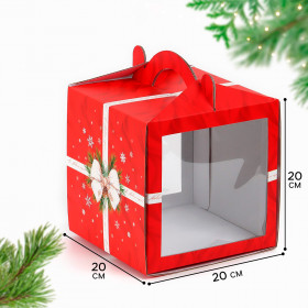 Коробка для торта 20х20х20 см с ручкой &quot;Новогодняя&quot;
