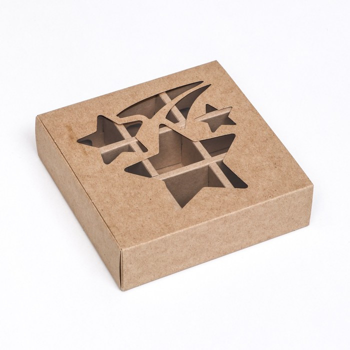 Коробка для 9 конфет с фигурным окном "Звездочки", крафт