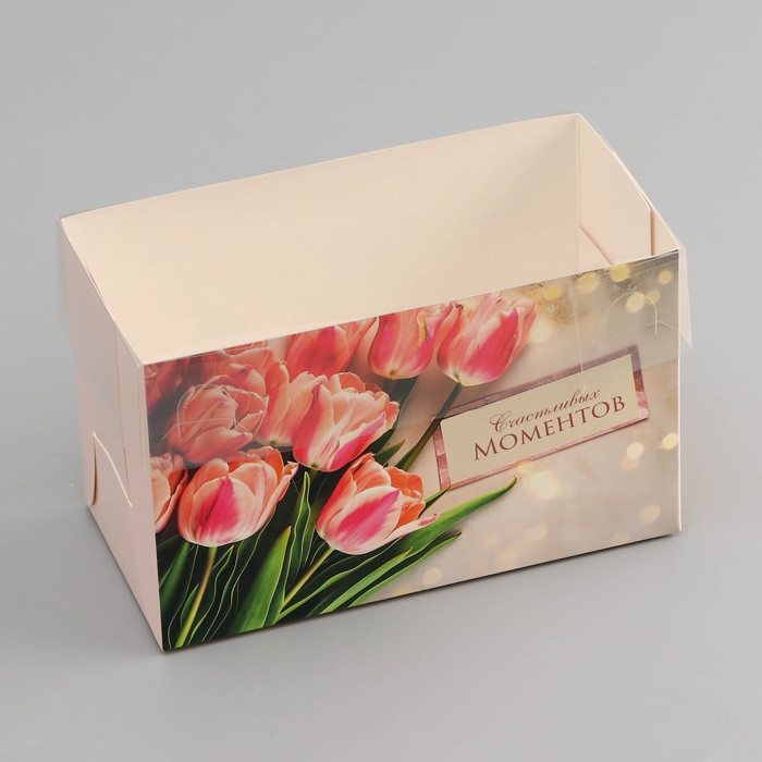 Коробка для 2 капкейков с прозрач.крышкой "Тюльпаны" 