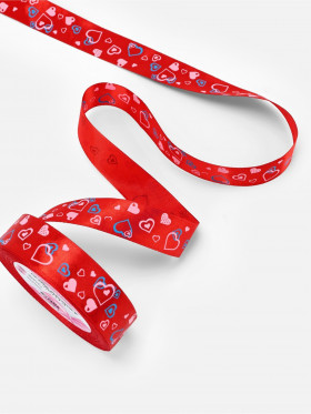 Лента атласная Красная/сербечки 2,5 см / 3 м