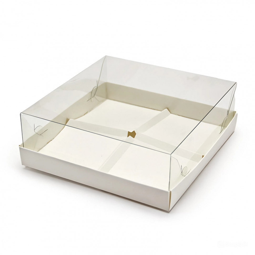 Коробка для 4х муссовых пирожных 18х18х6,5 см с прозрачной крышкой, белая  (на 4 шт)