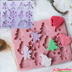 Форма силиконовая &quot;Елочка, снеговик, прянич.человечек, снежинка, шапка&quot;, 12 яч.