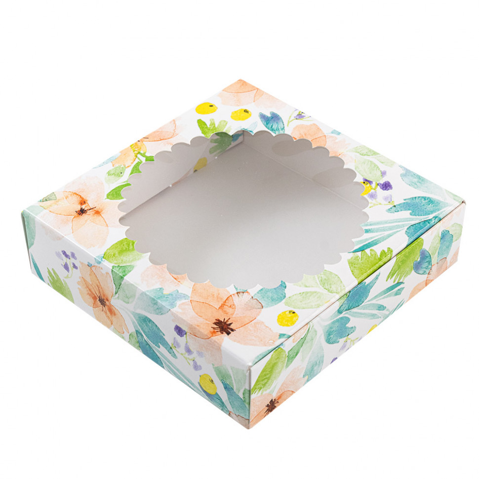 Коробка для прян. 12х12х3 см с окном "Цветы акварель"