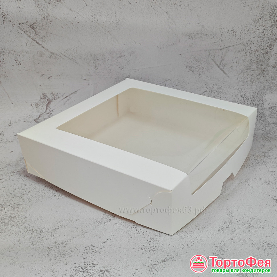 Коробка 22,5х22,5х6 см с окном, белая