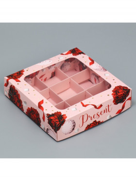 Коробка для 9 конфет с окном &quot;Красные цветы&quot;
