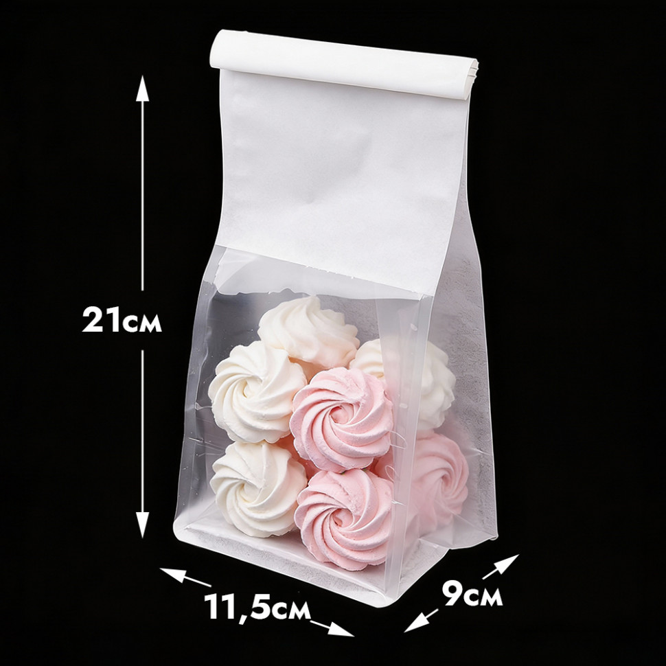 Пакет с прямоугольным дном 11,5*21*9 см с окном и зажимом, белый / 1 шт