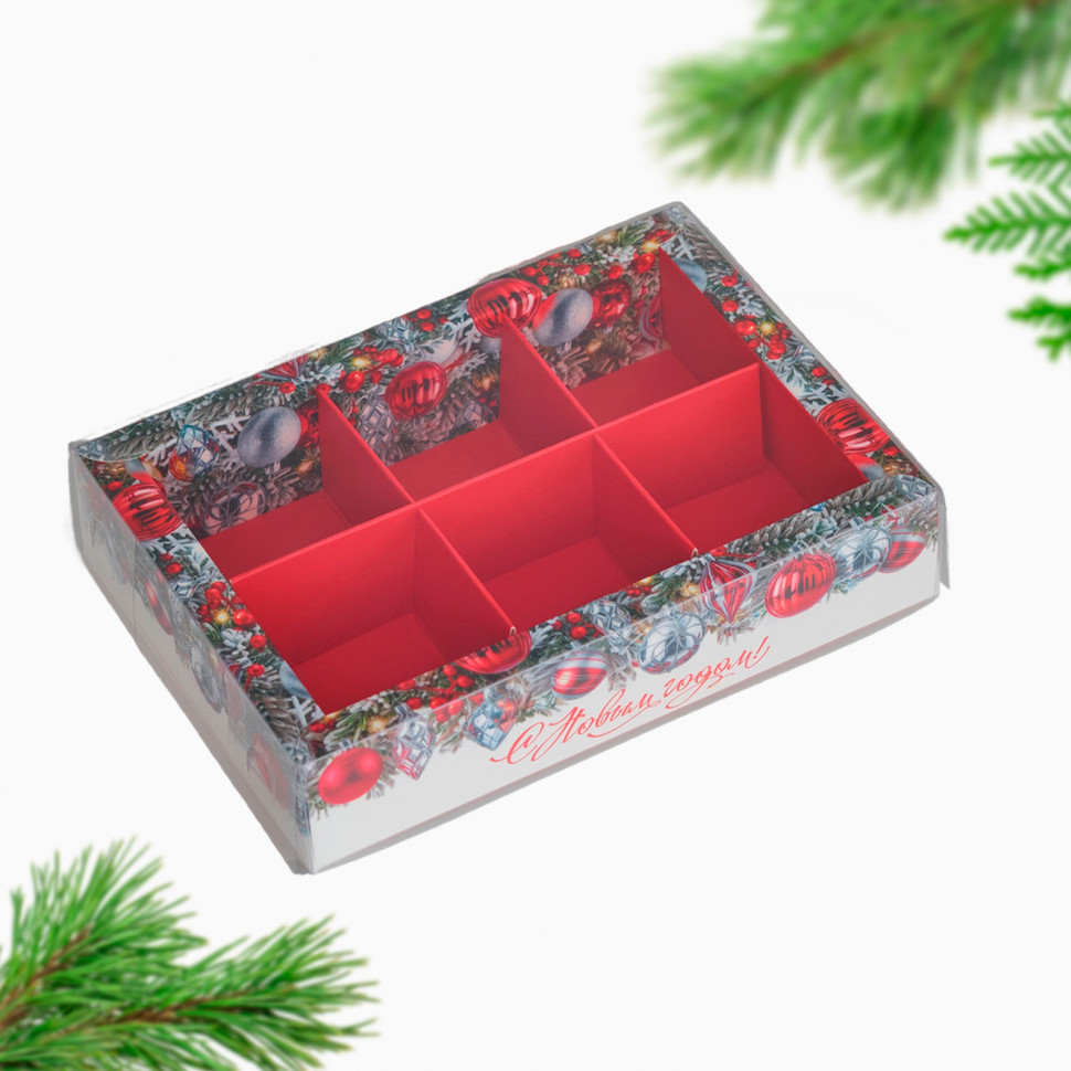 Коробка для 6 конфет, с прозрачной крышкой "Елочные шары"