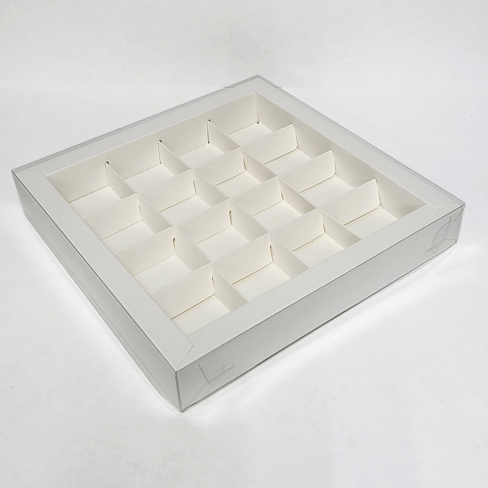 Коробка для 16 конфет с прозрачной крышкой, белая