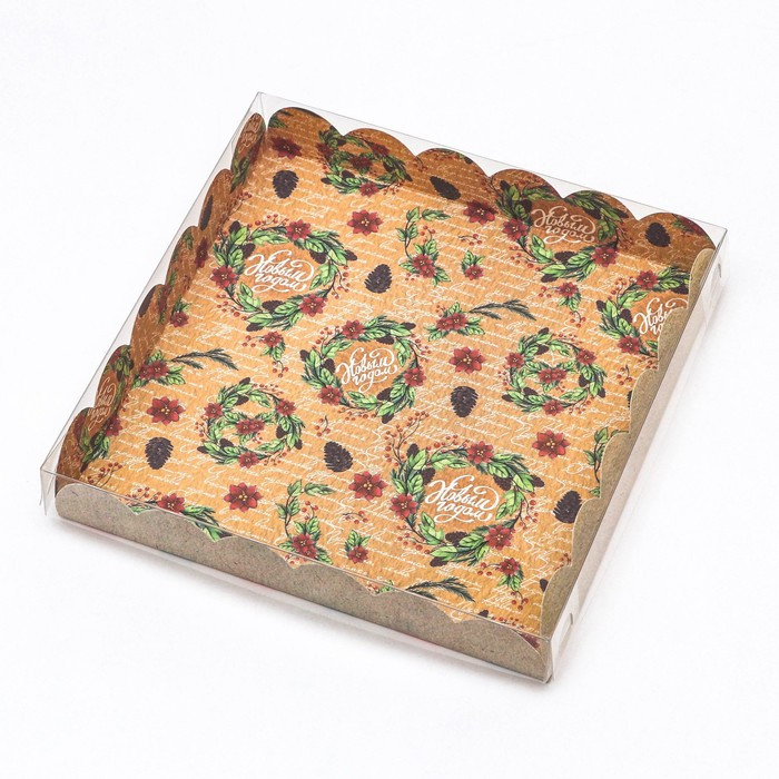 Коробка для пряников 18х18х3 см с прозрачной крышкой "Новогодняя почта" 