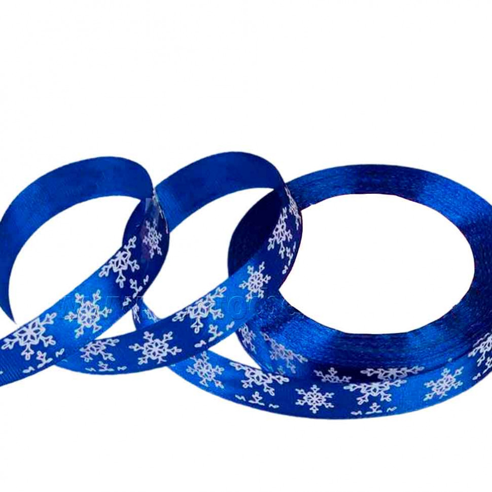 Лента атласная Синяя "Снежинки" 1,5 см / 3 м