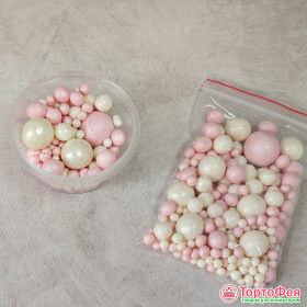 Шарики рисовые в глазури. Нежно-розовые/белые  2-13 мм, 25 гр