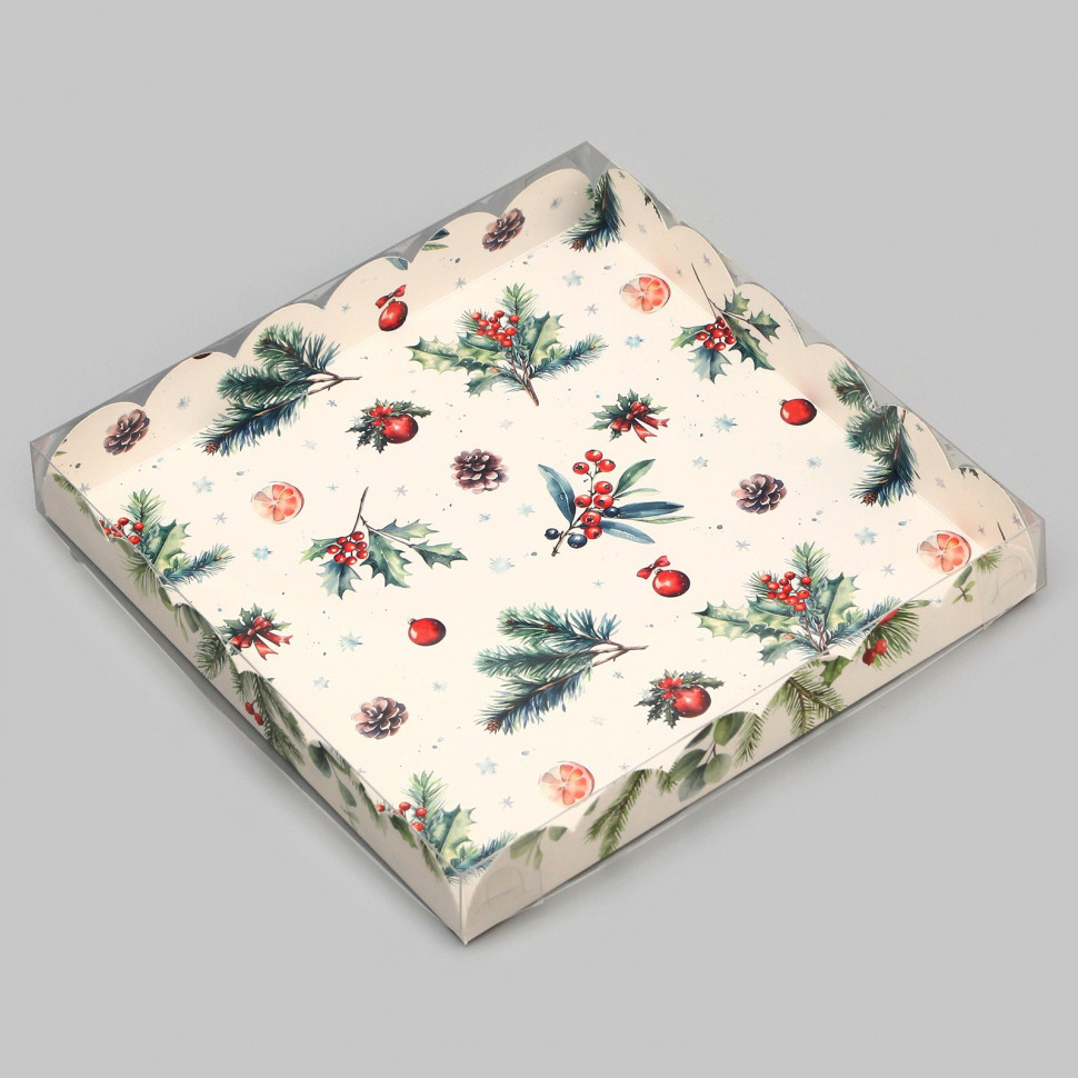 Коробка для пряников 21х21х3 см с прозрачной крышкой "Веточки"