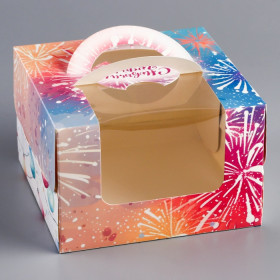 Коробка для бенто-торта 15х15х10 см с ручками &quot;Новогодний салют&quot;