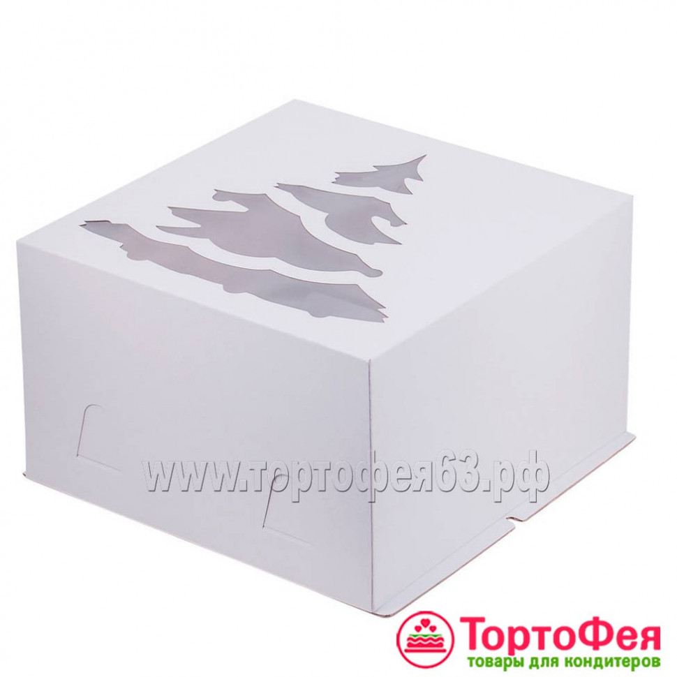 Коробка для торта 30х30х19 см с окном "Елка", белая 