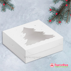 Коробка 20х20х7 см с окном "Елка", белая