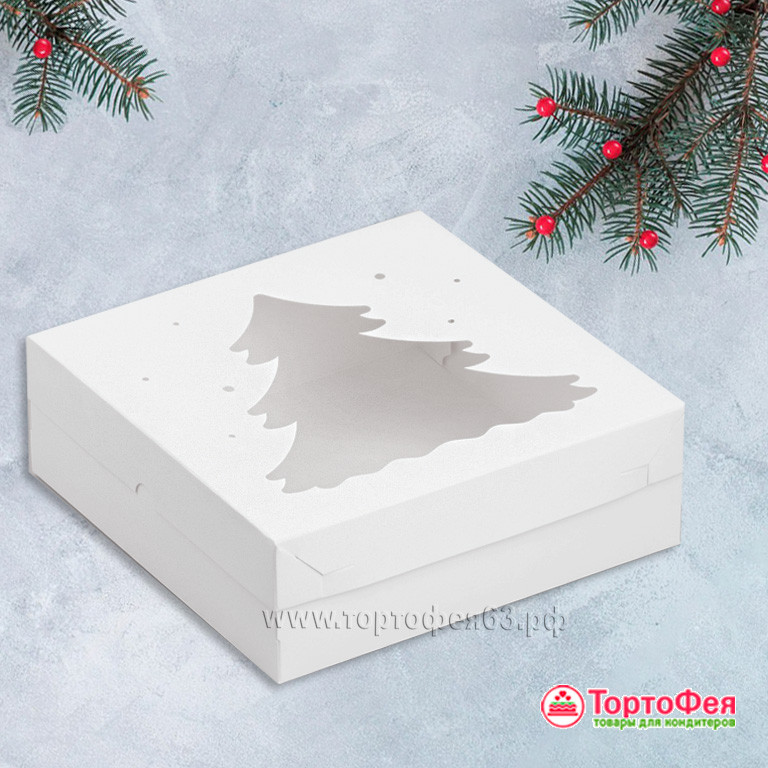 Коробка 20х20х7 см с окном "Елка", белая