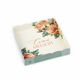 Коробка 15х15х3 см с прозрачной крышкой "Цветы / мятная"  