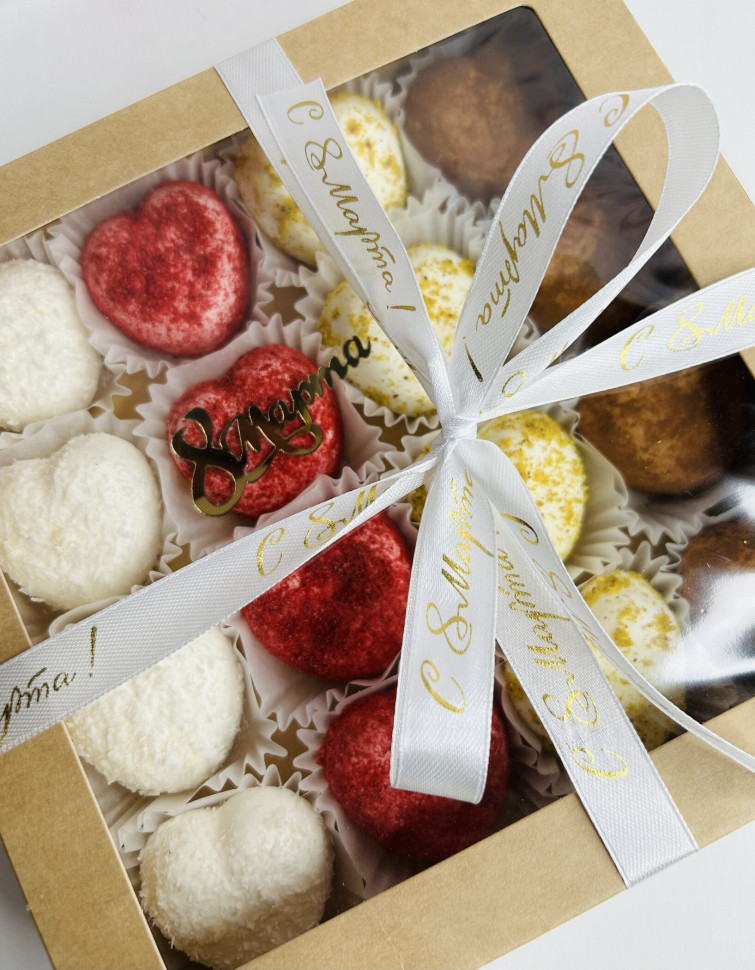 Лента атласная Белая "8 Марта", золотистая надпись, 1,5 см / 1 м   