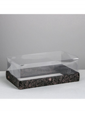 Коробка 22х13х8 см с прозрачной крышкой  &quot;Черная/цветочный орнамент&quot;