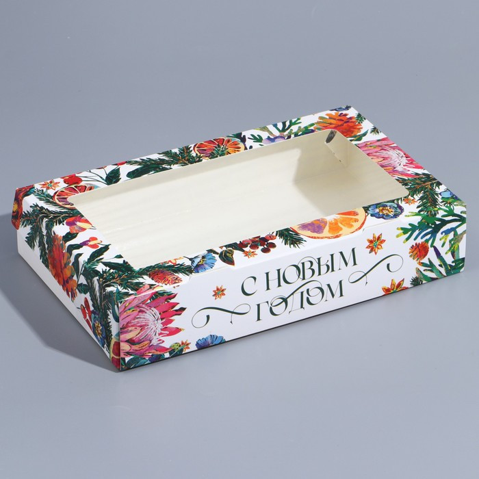 Коробка 20х12х4 см с окном "Новогодняя композиция"   