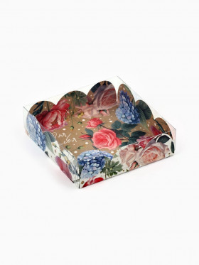 Коробка для пряников 10,5х10,5х3 см с прозрачной крышкой &quot;Розы и гортензии&quot;