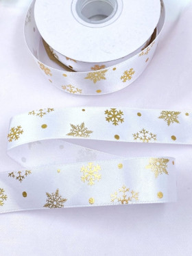 Лента атласная Белая / золотые снежинки 2,5 см / 1 м 