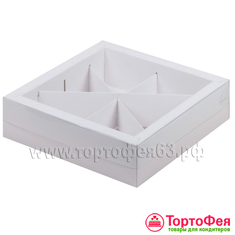 Коробка для ассорти сладостей 20х20х5 см с прозрачной крышкой, белая 