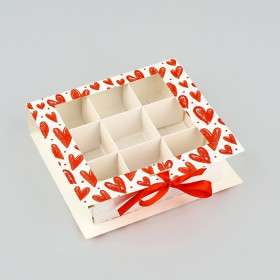 Коробка для 9 конфет с окном, "Сердца"    