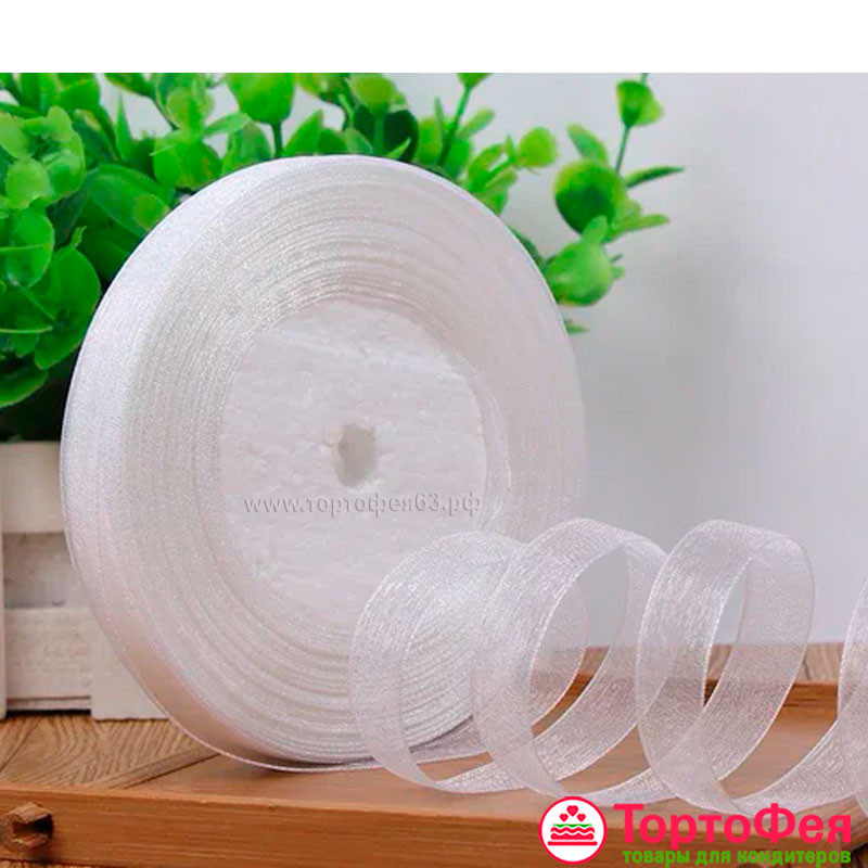 Лента из органзы Белая/Золотые сердечки 1,5 см / 3 м