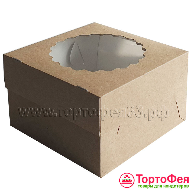 Коробка для 4 капкейков с круглым волнистым окошком, Крафт 