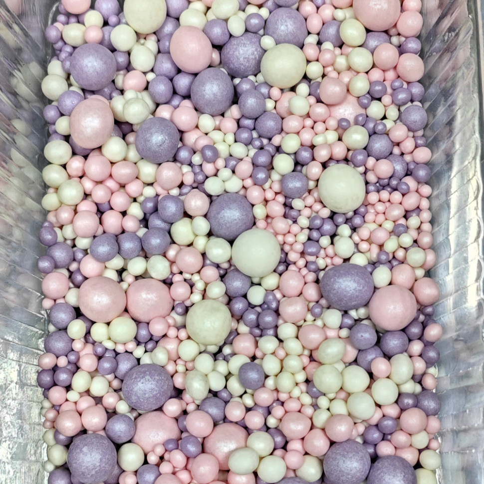 Шарики рисовые в глазури. Белые/розовые/сиреневые 2-13 мм, 25 гр    