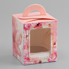 Коробка для 1 капкейка с ручкой &quot;Нежно-розовые цветы&quot;
