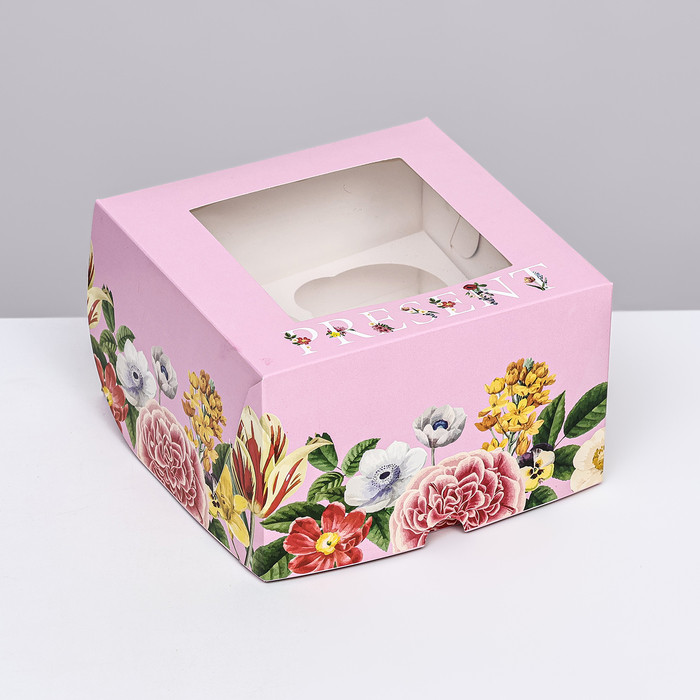 Коробка для 4 капкейков с окном, Розовая с цветами