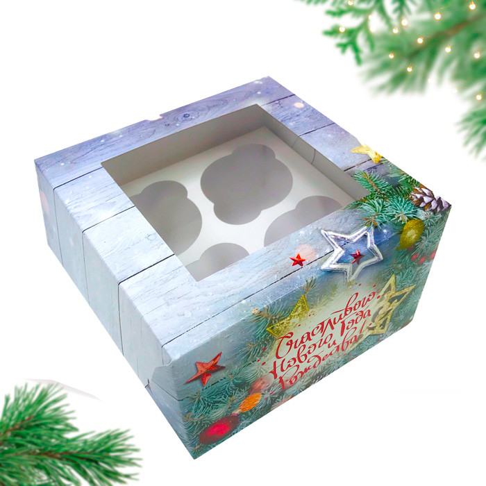 Коробка для 4 капкейков с окном "Сказочного Нового года"