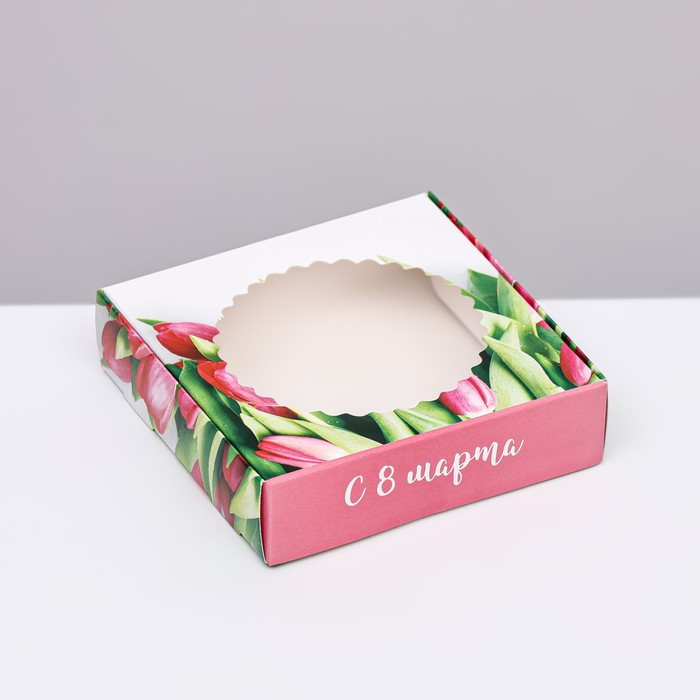Коробка с откидной крышкой 11х11х3 см, "С 8 Марта"