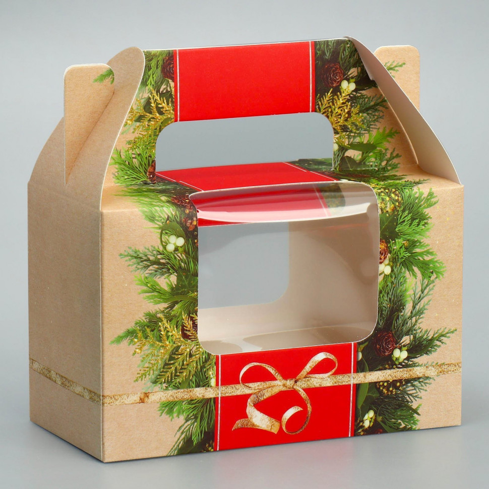 Коробка для 2 капкейков с ручкой "Праздничная" 