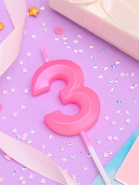 Свеча Цифра &quot;3&quot; с гранями, розовая  / 5 см