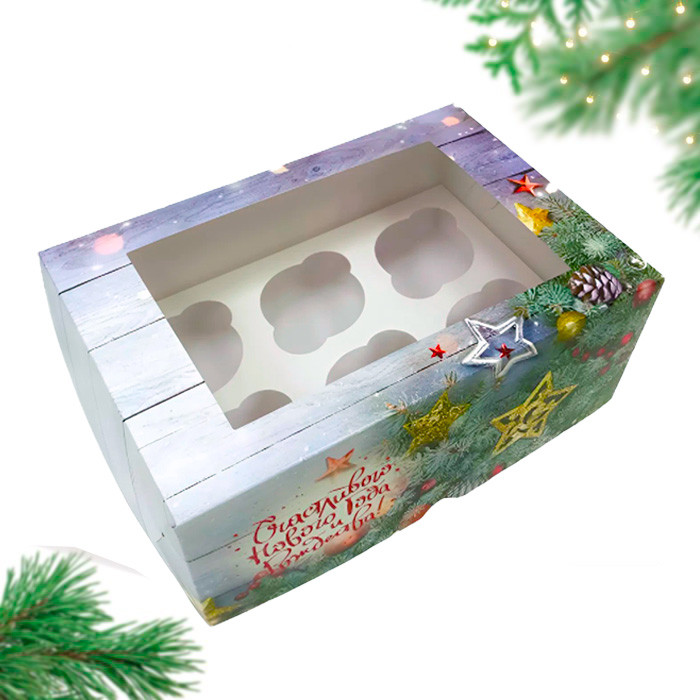 Коробка для 6 капкейков с окном "Сказочного Нового года"