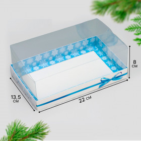 Коробка 22х13х8 см с прозрачной крышкой  &quot;Голубой бант/снежинки&quot;