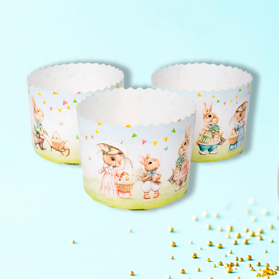 Форма бумажная Кулич "Зайцы ретро" 200-250 гр (9*9 см) / 5 шт