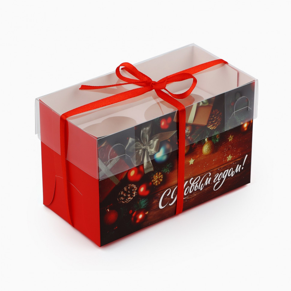 Коробка для 2 капкейков с прозрач.крышкой "С Новым годом!"