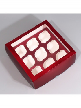 Коробка для 9 капкейков с окном, Темно-красный металлик