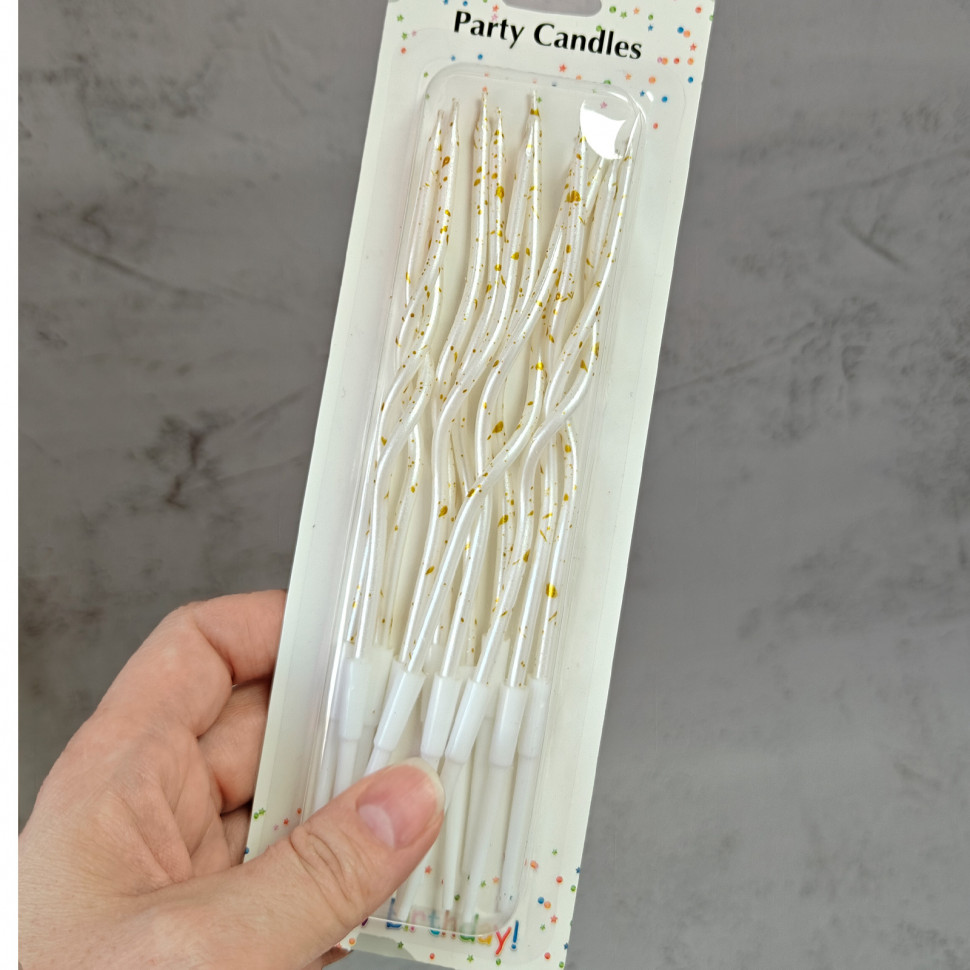 Набор свечей для торта Волнистые, Белые/золотая крапинка, 15 см / 12 шт