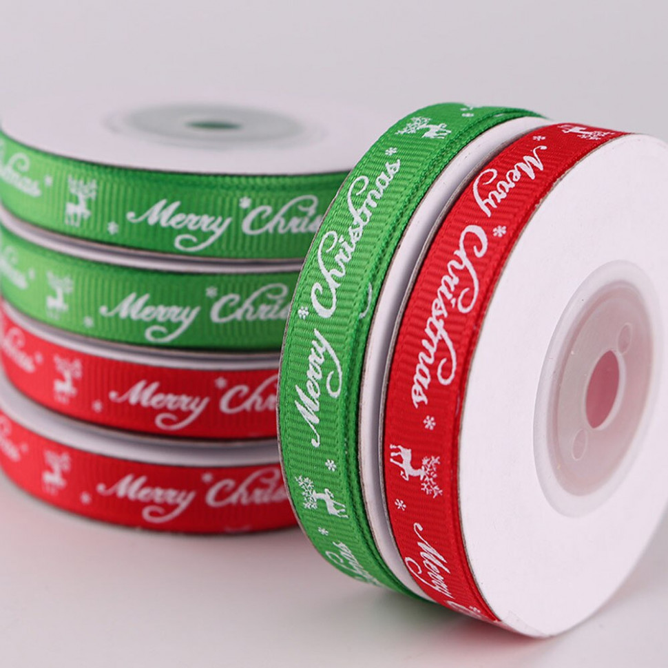 Лента атласная "Merry Christmas" 1 см, красная / 3 м  